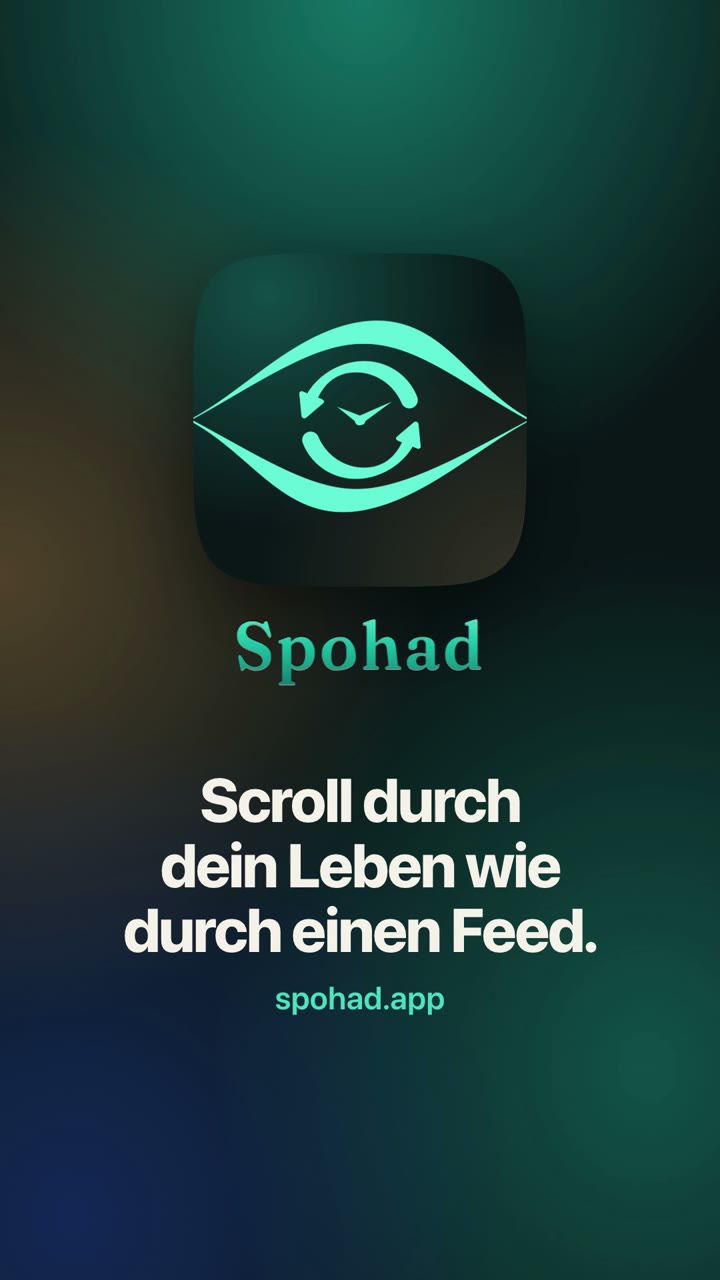 Spohad in einer halben Minute: Die Fotomediathek wird zum Feed, Wischgesten legen Fotos in Kataloge, Duplikate werden gefunden, „Speichern“ schafft Platz. Am Ende das App-Symbol von Spohad und sein Name, der sich in „Erinnerung“ verwandelt und zurück.