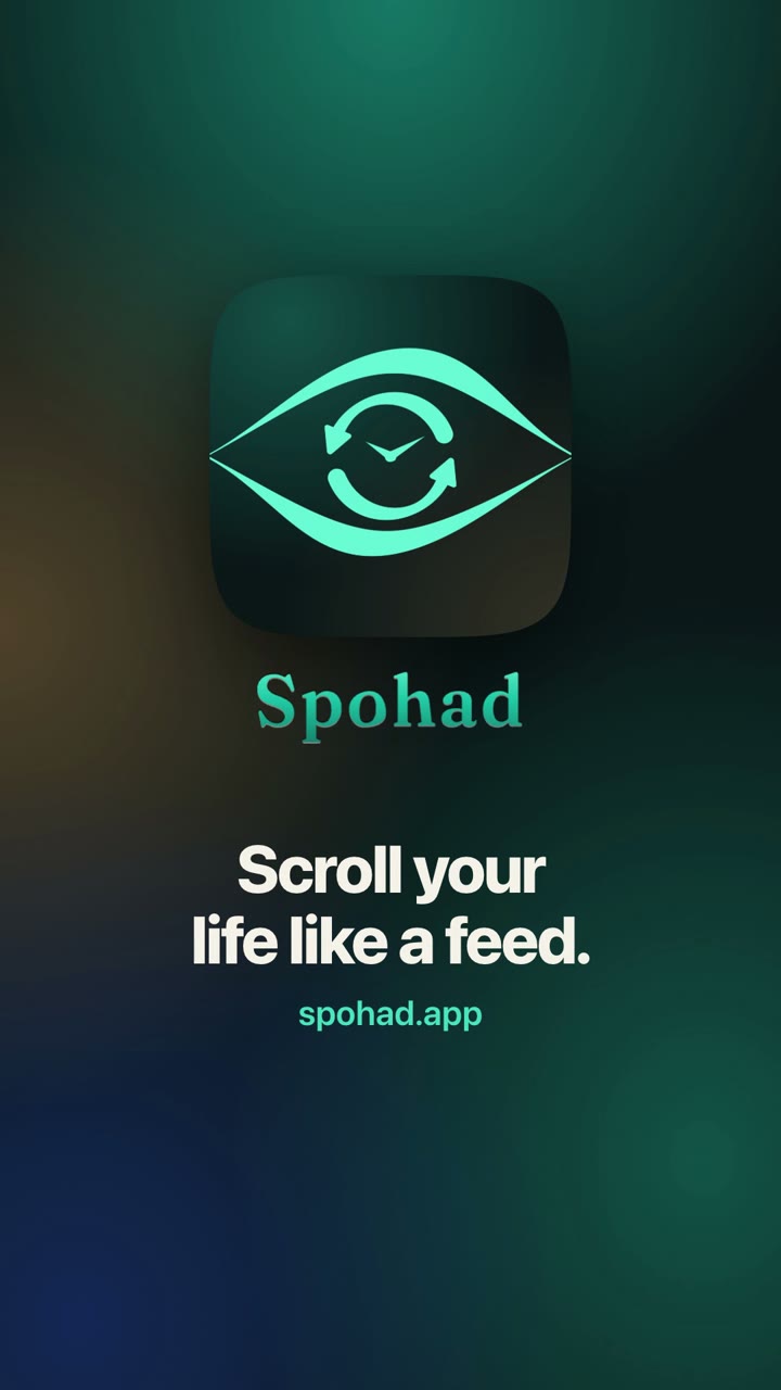 Spohad in half a minute: the Photo library becomes a feed, swipes sort photos into catalogs, duplicates are found, and Save frees space. At the end, the Spohad app icon appears with its name, which turns into “Memory” and back.